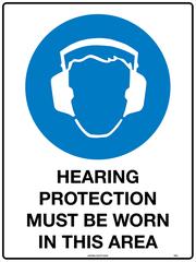 SAFETY SIGN METAL UNIFORM 102LM HEARING PROTECTION MUST BE WORN IN THIS AREA 600 X 450MM